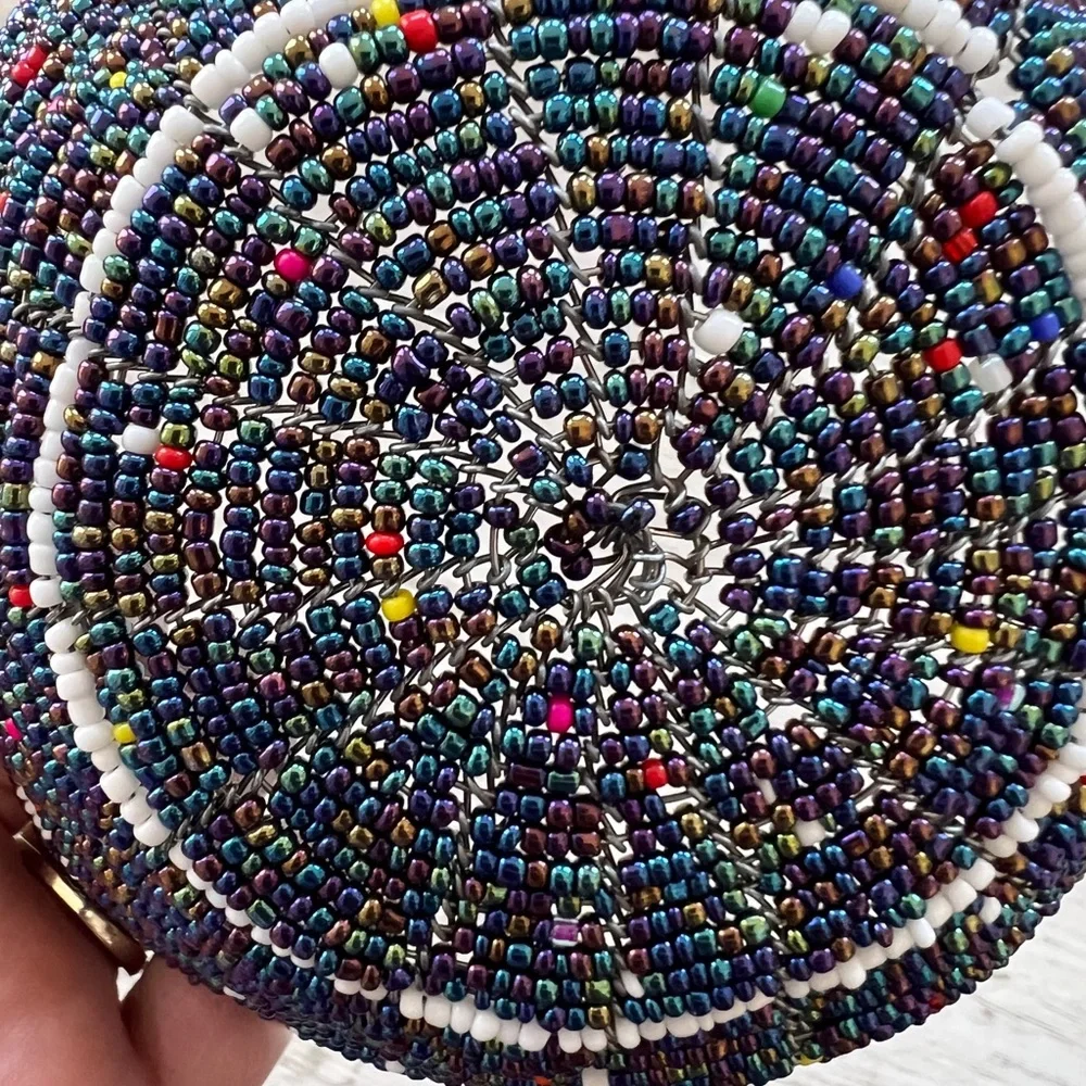 Handcrafted Wire and Seed Bead Bowl Multicolored Beaded Trinket 6” Dish